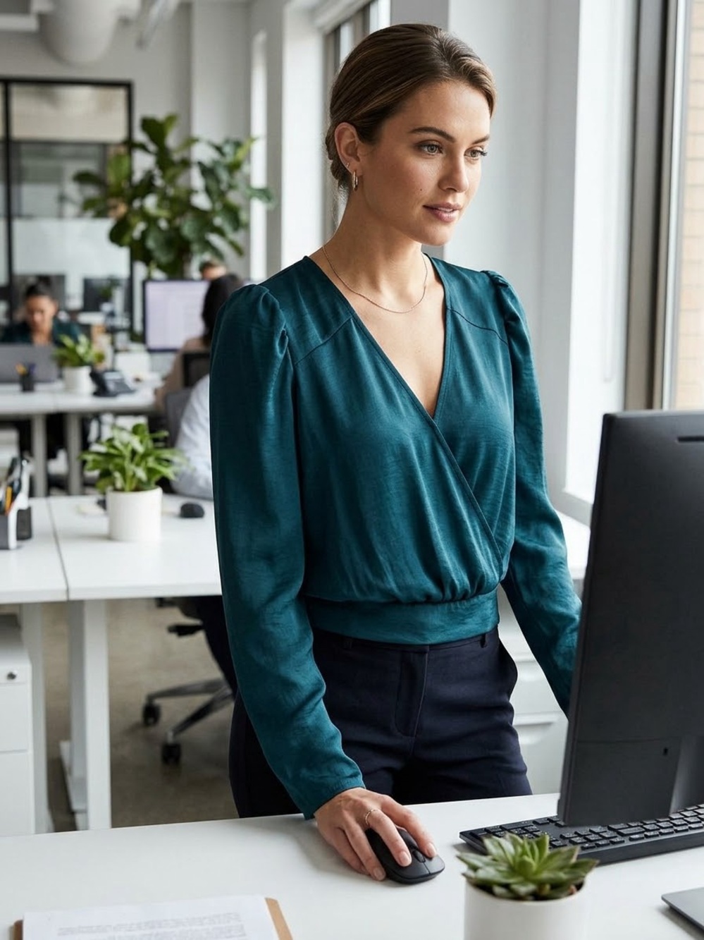 Wrap V-Neck Long-Sleeve Blouse - Women's Top